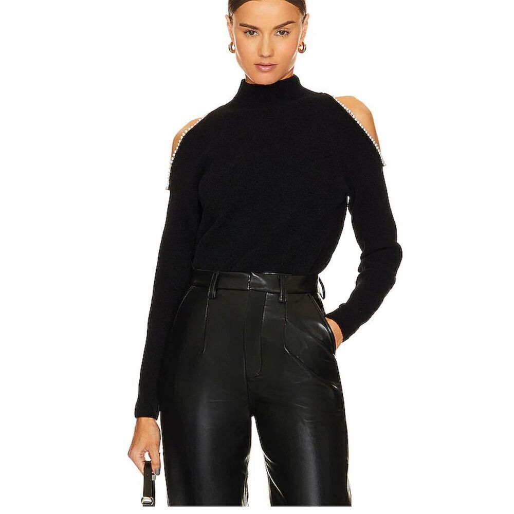 Astr Black Cold-Shoulder Sweater with Rhinestone Trim